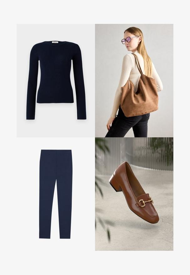 Sötétkék bordás kötésű pulóver, kerek nyakkivágással és hosszú ujjal, slim fit szabással és puha textúrával. A címke látható a nyakkivágásnál.; Sötétkék nadrág sima anyagból, egyenes szárú kialakítással és sima előlappal. Nincsenek látható minták vagy díszítések.; Barna lakkbőr loaferek négyzet alakú orral, fém lánc díszítéssel és alacsony blokk sarkú kialakítással; sima textúra, minimalista design.; Barna velúr vászontáska puha textúrával, nagy nyílással és hosszú pántokkal. Egyszerű dizájnnal rendelkezik, látható varrással és nincs rajta fém alkatrész.