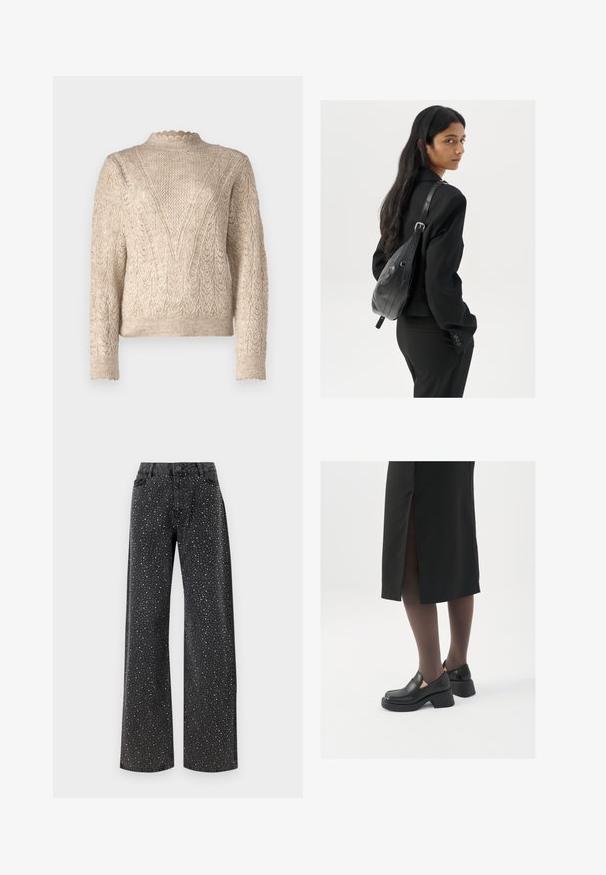 JDY JDYLETTY STRUCTURE - Pulover - beige; Noisy May NMJANNEL LOOSE - Široke kavbojke - black denim; Črne usnjene čevlje s zaobljenim prstom, debelim blokastim petama in elastičnimi stranskimi detajli, v kombinaciji s temno nogavicami in črno krilo z razporkom.; Ženska z dolgimi temnimi lasmi, oblečena v črn kostim, nosi črno usnjeno torbo čez ramo in se ozira čez ramo proti beli podlagi.; Srebrne uhane v obliki obroča z minimalističnim dizajnom. Krožna oblika, gladka tekstura in tanek profil. Lahki s poliranim zaključkom.