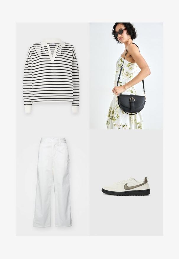 Pulôver de mangas compridas em branco com riscas horizontais pretas. Apresenta um colar V e punhos sólidos, confeccionado em um tecido macio.; Calças largas brancas feitas de algodão, com uma textura suave, corte reto, bolsos frontais e bainha limpa.; Nike Sportswear FIELD GENERAL - Sapatilhas - off-white/black; Bolsa de couro preta com forma curva, alça destacável e detalhes em dourado. A bolsa possui uma aba com detalhe de fivela.