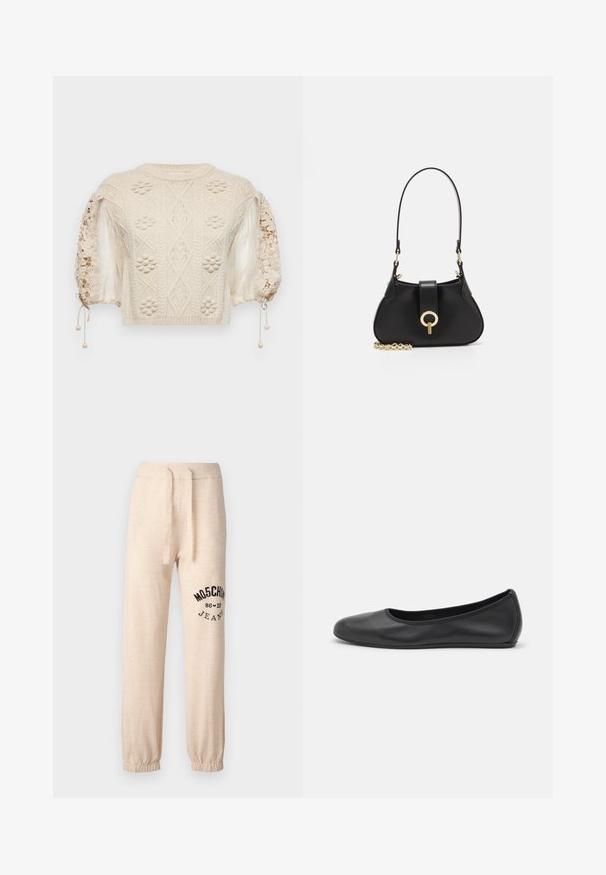 Sea BENTE COMBO SWEATER - Svetr - cream; Beige tepláky s elastickými manžetami a pásem. Na levém stehně se nachází černý potisk s logem "MOSCHINO 86 ❤ 23 JEANS". Měkká textura.; Černé kožené baletní byty s kulatou špičkou, hladkou texturou, minimálními švy a flexibilním designem podrážky.; sandro JANET - Kabelka - noir