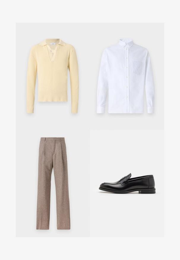 Ljusgul ribbad tröja med krage, som har en enda knappstängning vid kragen och en strukturerad stickad design.; Vit långärmad skjorta med knappar, tillverkad av bomull, med en bröstficka med ton-i-ton broderi, krage och knappmanchetter.; Bruna, högmidjade byxor i texturerat tyg. Har vida ben och två framvikningar för struktur. Välavslutad utan synlig hårdvara.; Svarta läderloafers med en slät yta, rund tå och ett dekorativt band över främre delen. Låg staplad klack, minimalistisk design.