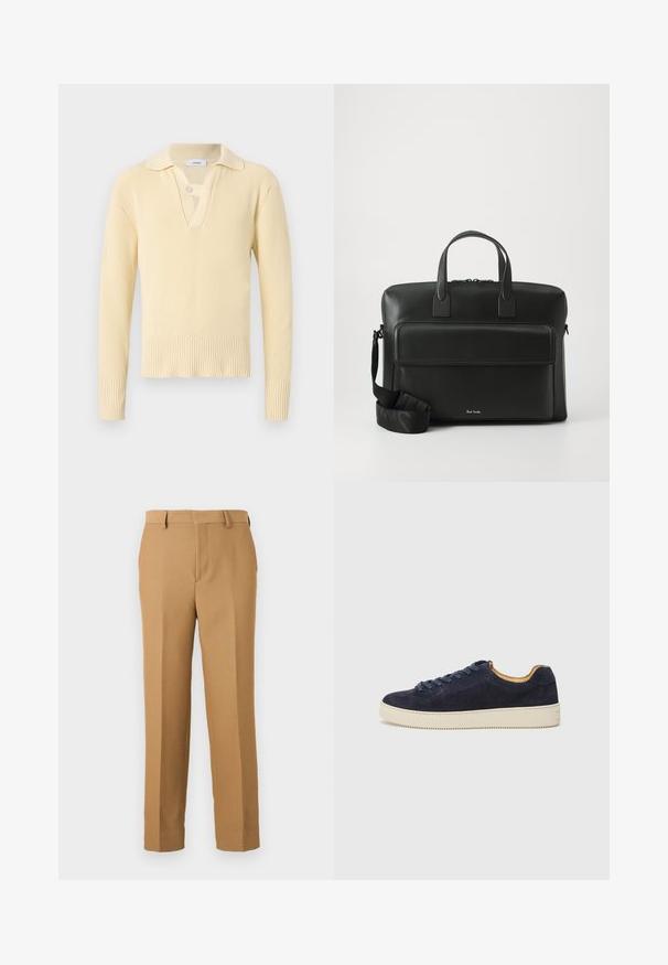 Zils dzeltenīgs ribots džemperis ar apkakles izgriezumu, ar vienu pogu aizdari apkaklē un teksturētu adījuma dizainu.; Bēšas krāsas bikses noaustā audumā, ar taisnu griezumu, plakanu priekšu un jostas cilpām. Gluda tekstūra bez redzamām rakstām.; Jūras spēku zamša zemas tenisa kurpes ar noapaļotu purngalu, off-white gumijas zoli un saskaņojošām šņorēm; iekļauj kontrastējošu brūnganu iekšējo izšuvumu.; Melna ādas portfelis ar divām augšējām rokturiem, priekšējo kabatu un noņemamu siksnu, ar diskrētu zīmolu apakšā.