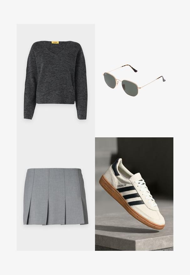 JJXX JXEVI - Jumper - dark grey; Gray pleated skirt featuring a smooth texture, structured design, and a fitted waist. Made from a lightweight fabric with subtle pattern.; White suede sneaker with navy stripes, rubber gum sole, textured upper, round toe, and lacing; features branding on the side and tongue.; Gold metal-frame sunglasses with dark green lenses, aviator style, featuring slim arms and tortoiseshell accents on the tips.