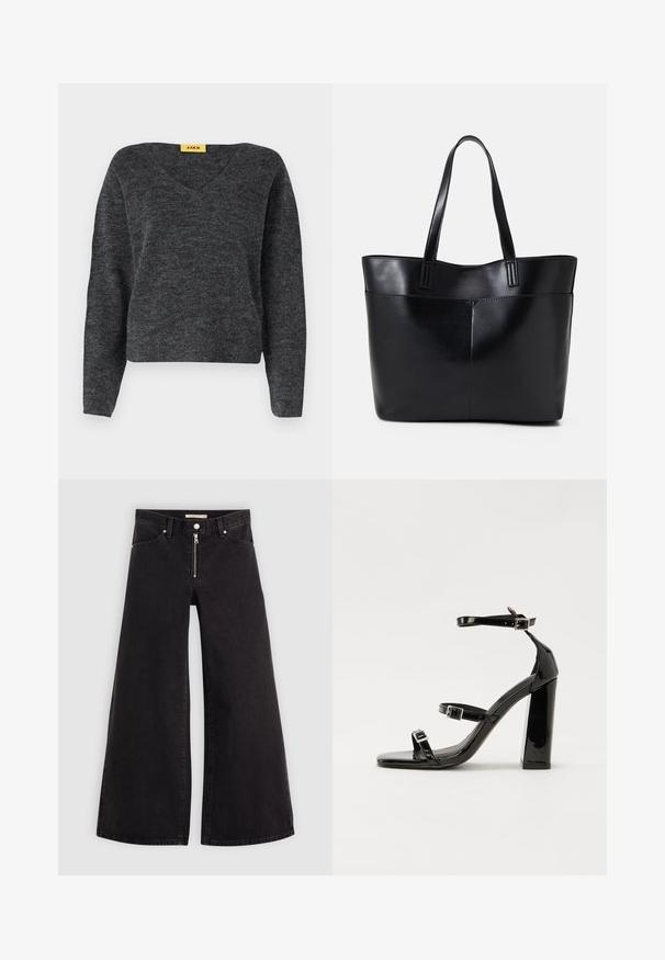 JJXX JXEVI - Pulover - dark grey; Jeans cu picioare largi din denim negru, cu fermoar în față, design cu cinci buzunare și detalii subtile de cusătură. Textură netedă și stil casual.; Sandale cu toc din patent negru, cu vârf pătrat, curele la gleznă și catarame din argint. Dispune de un toc gros pentru stabilitate.; Geantă oversized din piele neagră, cu două mânere lungi, de textură netedă și formă structurată. Are un buzunar frontal pentru stocare suplimentară.