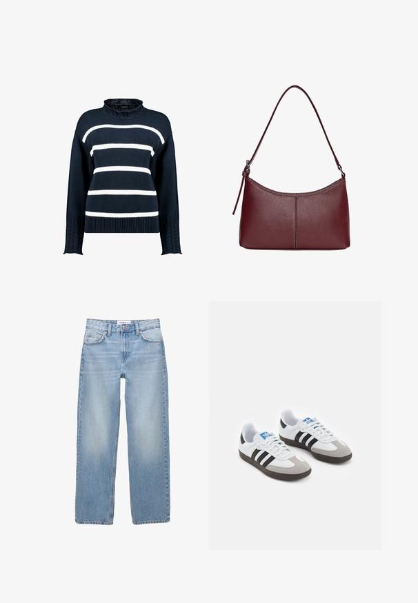 Námořnický svetr s bílými vodorovnými pruhy, vysokým krkem a texturovaným copánkovým vzorem na rukávech. Klasický střih a žebrovaný lem.; Světle modré denimové džíny se střihnutím rovného nohavice, v pěti kapsách a viditelnými švy. Materiál je měkký a má jemně vybledlý vzhled.; Sportovní boty s bílým koženým svrškem, šedou semišovou špičkou a třemi černými pruhy. Obsahují modré logo na jazyku a texturovanou gumovou podrážku.; Vínová kožená kabelka s zakřiveným tvarem, jediným ramenním popruhem a prošíváním ve středu. Hladký povrch, minimální kovové prvky.