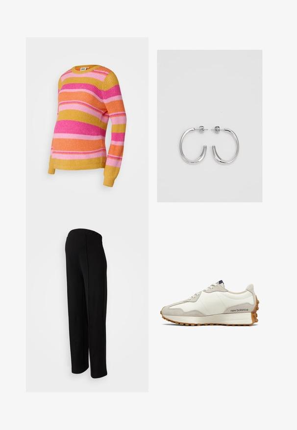 Krāsains, svītrots džemperis rozā, oranžā un dzeltenā tonī. Ribota tekstūra, ar apaļu kakla izgriezumu un garām piedurknēm.; Melni augstās jostas bikses ar taisnu piegriezumu, kurām ir gluda tekstūra un nav redzamu aizdaru, izceļoties ar sānu šuvju detaļām.; Baltas un beige sporta apavi ar gludu ādas virsu, zamšādas akcentiem, noapaļotu purngalu un raupju gumijas zoli. Zīmola nosaukums drukāts uz sāniem.; Sudraba riņķveida auskari ar gludu, spīdīgu apdari. Apaļas formas, viegla dizaina, ar aizdari uz stieples.