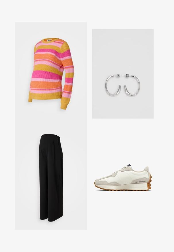 Kolorowy, paskowany sweter w odcieniach różu, pomarańczy i żółci. Żebrowana struktura, okrągły dekolt i długie rękawy.; Vero Moda Maternity VMMBECKY WIDE czarny; Białe i beżowe sneakersy z gładkiej skórzanej cholewki, zamszowymi akcentami, zaokrąglonym noskiem i teksturowaną gumową podeszwą. Nazwa marki nadrukowana na boku.; Srebrne kolczyki na biglu o gładkim, błyszczącym wykończeniu. O zaokrąglonym kształcie, lekkim designie, z zamknięciem na zatrzask.