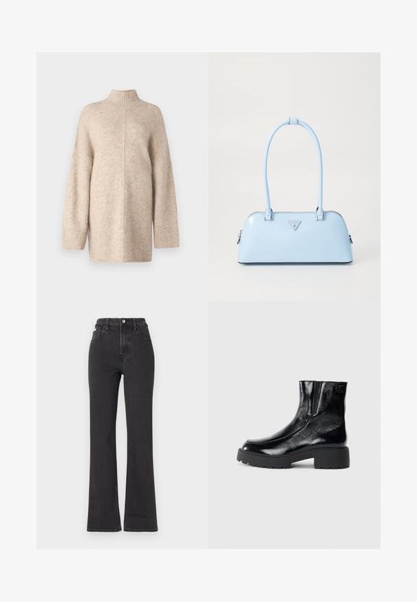 Beige Hochkragenpullover aus weichem, strukturiertem Material mit langen, weiten Ärmeln und gerippten Bündchen. Einfaches Design, keine Muster oder Akzente.; Schwarze, hochgeschnittene Schlagjeans aus Denim mit Knopfverschluss, Gürtelschlaufen und seitlichen Taschen. Glatte Textur mit minimaler Ausbleichung.; Schwarze Knöchelstiefel mit glänzender Lackleder-Oberfläche, einer kräftigen gummierten schwarzen Sohle und Absatz; mit dezentem Logodetail an der Seite.; Helle blaue Handtasche mit strukturierter Form, glattem Leder, zwei Griffen und einem dreieckigen Markenlogo auf der Vorderseite. Mit Reißverschluss.
