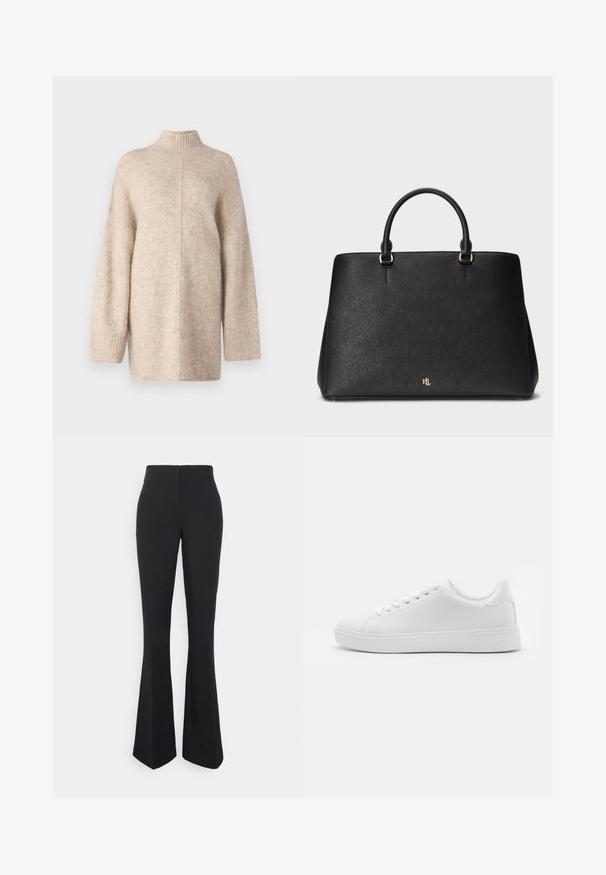 Beige Hochkragenpullover aus weichem, strukturiertem Material mit langen, weiten Ärmeln und gerippten Bündchen. Einfaches Design, keine Muster oder Akzente.; ONLY Tall ONLEDINA FLARE PANT - Stoffhose - black; Weiße Sneakers mit einem glatten synthetischen Obermaterial, runder Zehenform, sechs Ösen für Schnürsenkel und einer flachen Gummisohle mit strukturierten Details.; Schwarze Lederhandtasche mit strukturiertem Design, glatter Oberfläche und zwei oberen Griffen. Mit goldenen Akzenten und einem Logo am Boden.