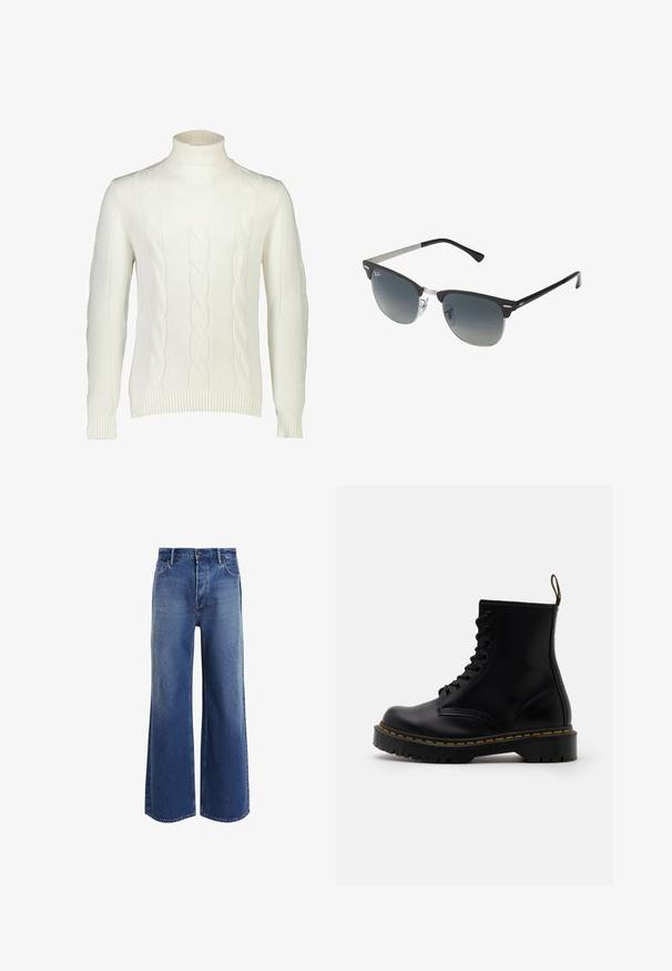 Lindbergh MEGA CABLE ROLL-NECK - Neule - off white; Kolme t-paitaa: yksi musta ja kaksi valkoista. Jokaisessa on pyöreä kaula-aukko, lyhyet hihat ja ne on valmistettu sileästä puuvillakankaasta.; Korkeavyötäröiset leveälahkeiset farkut keskisinisessä denimissä, joissa on klassinen viisi-taskuinen muotoilu, vaaleat kulumat ja rikottuja helmoja.; Mustat nahkaiset nilkkasaappaat, joissa on nauhaketjullinen etuosa, keltainen ympärystikkauksen, pyöreä varvas ja paksu, teksturoitu kumipohja.; Mustat ja hopeiset aurinkolasit, joissa on kissansilmämuoto, gradientti linssit ja metalliset yksityiskohdat kehysissä. Muoviset sangan päät harmaat.