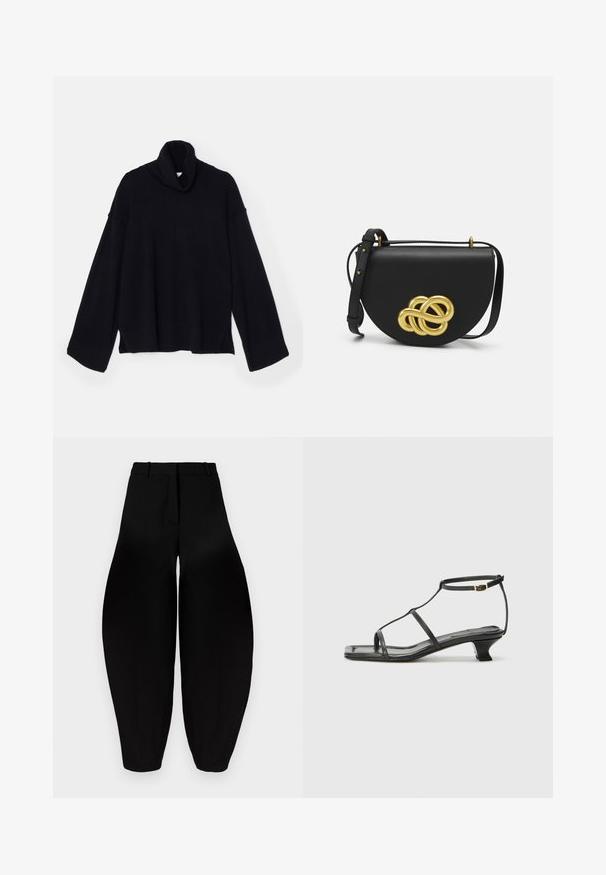 DESIGNERS REMIX COSMO TURTLE - Jersey de punto - black; Pantalones negros de pierna ancha con cintura alta, frente plisado y tobillos estrechos. Fabricados en un tejido suave con acabado mate.; Sandal de cuero negro con punta cuadrada, correas delgadas, correa ajustable en el tobillo y un tacón bajo. Presenta un pequeño detalle dorado en la correa.; Bolso de mano de cuero negro con forma redondeada, que presenta un gran nudo decorativo dorado en la parte frontal y una correa ajustable.