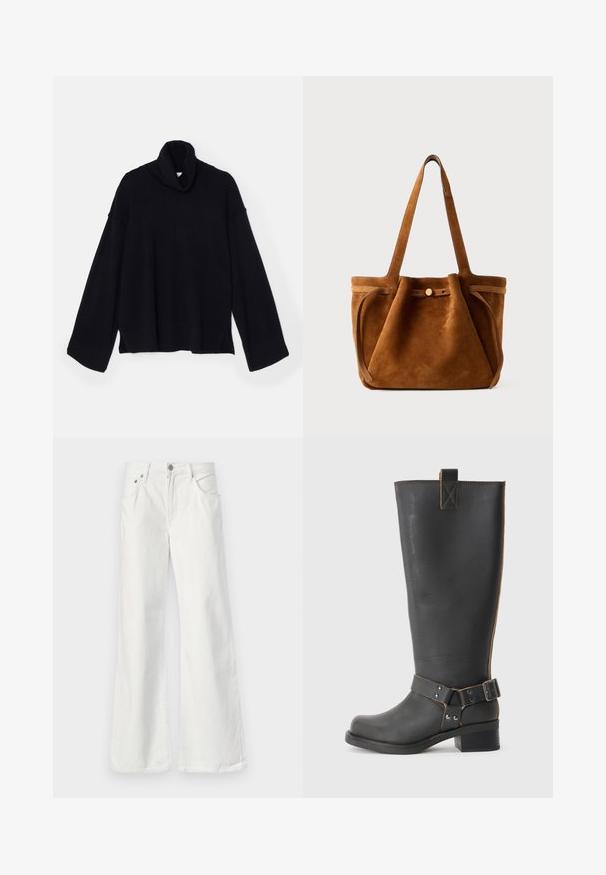 DESIGNERS REMIX COSMO TURTLE - Džemper - black; Valged denimpüksid, millel on kõrge talje, viie tasku disain ja nähtav õmblemine. Omab metallist nööpi ja lukku.; Mustast nahkast kuni põlvede kõrgune saabas tekstureeritud viimistlusega, külgedel on pandlaaktsent ja madal konts. Õmbluste juures on detailne tikand.; Pruun nahast kott kahe käepidamega, nuppude sulgemise rihmaga ja lõdva, veidi langetatud kujuga.