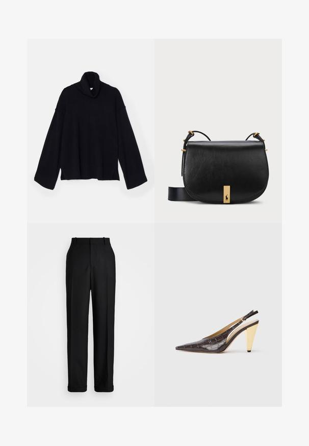 DESIGNERS REMIX COSMO TURTLE - Strickpullover - black; Polo Ralph Lauren HIGH RISE RELAXED STRAIGHT TROUSER - Stoffhose - black; Spitz zulaufender Slingback-Absatzschuh aus glänzendem, dunkelbraunem Kunstcrocodilleder. Verfügt über einen goldfarbenen geometrischen Absatz und einen verstellbaren Knöchelriemen.; Schwarze Leder-Umhängetasche mit einem goldfarbenen Metallakzent und verstellbarem Riemen, die über eine glatte Textur und eine geschwungene Form verfügt.