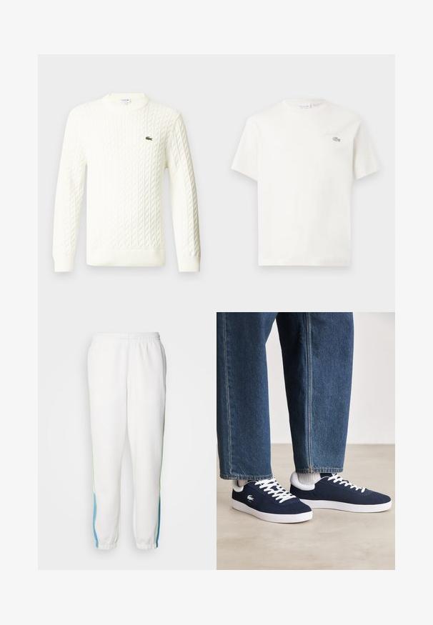 Valge kaelustega kudum, millel on pikad varrukad ja roheline tikand rinnal. Valmistatud pehmest kudumiskangast.; Valge puuvillane T-särk lühikeste varrukatega, millel on diskreetne brodeeritud logo ja minimalistlik disain. Pehme tekstuur, ümar kaelusekujundus.; Valged dressipüksid elastse vöökindaga, roheline ja sinine külgdekoratsioon. Pehme kangas ja kitsenev säärekujundus.; Sinised kangast spordijalatsid valgete paelte ja kummitaldadega, eksponeeritud teksatõmblustega pükste ja hallide soonikkudega sokkidega, heledal hallil pinnal.
