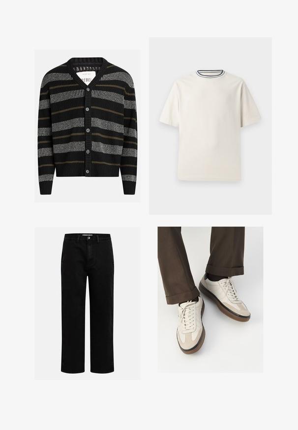 Svart herrkofta med vertikala ränder i grått och olivgrönt. Har V-ringning, ribbade ärmslut och sex svarta knappar framtill.; Krämfärgad bomulls t-shirt med korta ärmar, med en rund halsringning som är accentuerad av marinblå och vita ränder. Slät textur, avslappnad passform.; Svarta denimbyxor med rak passform, klassisk femfickedesign och knappstängning i midjan. Slät textur och hållbar tyg.; Beige sneakers med en texturerad mockafront, släta lädersidor och en brun gummisula. Snörning och ljusa sömdetaljer ingår.