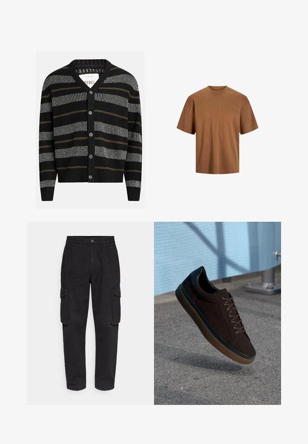 Juodas kardiganas su vertikaliomis pilkomis ir alyvuogių juostelėmis. Turi V formos iškirpę, raštuotus rankogalius ir šešis juodus mygtukus priekyje.; Ruda trumpa rankovė t-shirt pagaminta iš medvilnės. Turi klasikinį apvalų kaklą ir laisvą siluetą, švelni tekstūra be matomų dekoracijų.; Juodi cargo kelnės su elastinga juosmena, mygtuko uždarymu ir dviem šoninėmis kišenėmis. Pagamintos iš tvirto, lygaus paviršiaus medžiagos.; Rudi sportbačiai su lygiu zomšiniu viršumi, apvalia nosimi ir juodais odiniais akcentais. Yra rudi raišteliai, guminis padas ir subtilūs perforavimo detalės.