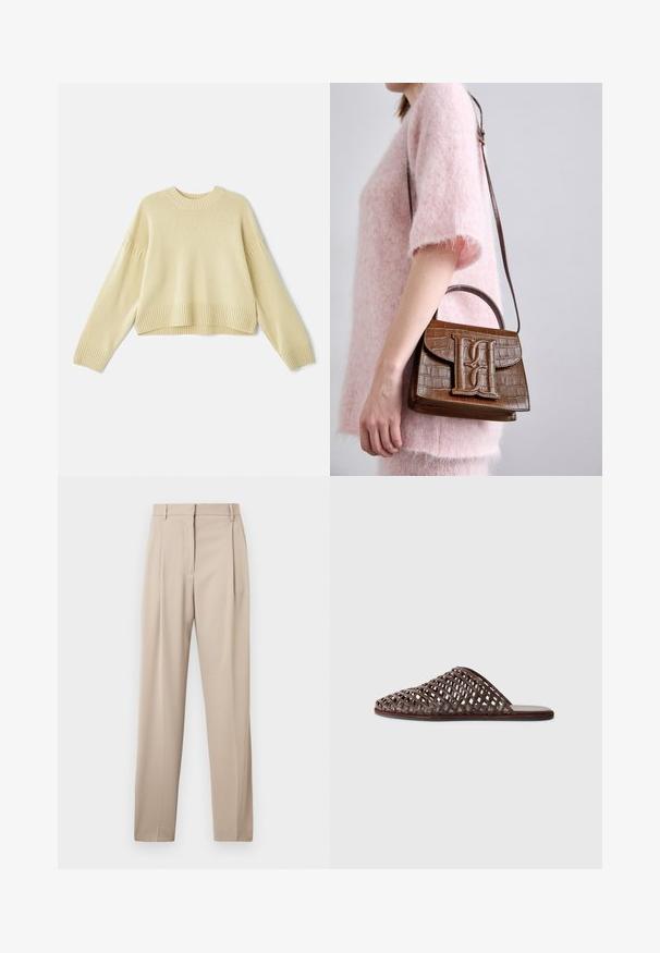 Vanessa Bruno ESTHER - Striktrøje - jaune; Beige skræddersyede bukser med lige ben, der har folder foran og bæltestropper, lavet af et glat stof.; Brun vævet slide sandal med rundt tådesign, åben konstruktion, flad sål og struktureret overflade. Letvægtsmateriale og minimalistisk silhuet.; Brun håndtaske med krokodillepræg, med et topgreb og skulderrem. Har et fremtrædende logo på frontklaffen. Blød tekstur.