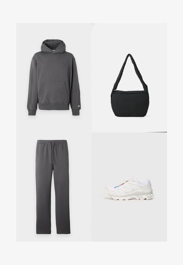 Felpa grigia con cappuccio, tasca a canguro frontale, polsini a coste e cappuccio con coulisse. Presenta un discreto logo sul petto.; Pantaloni sportivi grigi con cintura elastica, cordino e superficie liscia. Presentano un design a gamba dritta e nessuna tasca visibile.; Scarpa da ginnastica bianca con tomaia in rete testurizzata, dettagli riflettenti e suola ammortizzata. Logo del marchio ben visibile sul lato.; Borsa a spalla nera con texture imbottita, forma arrotondata e spallaccio largo, caratterizzata da un logo impresso sul fronte.