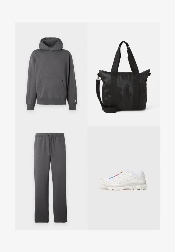 Sivý pulóvr s kapucňou, ktorý má predné klokanie vrecko, rebrované manžety a šnúrku na kapucni. Obsahuje jemné logo na hrudi.; Sivé športové nohavice s elastickým pásom, sťahovacou šnúrkou a hladkou textúrou. Má priame nohy a žiadne viditeľné vrecká.; Biele športové topánky s textúrovaným sieťovinovým zvrškom, reflexnými akcentmi a odpruženou podrážkou. Výrazné logo značky na boku.; Čierna taška cez rameno s textúrovanou tkaninou, dvojitými vrchnými úchytmi a odnímateľným popruhom na rameno. Disponuje zipsom pre bezpečné uskladnenie.