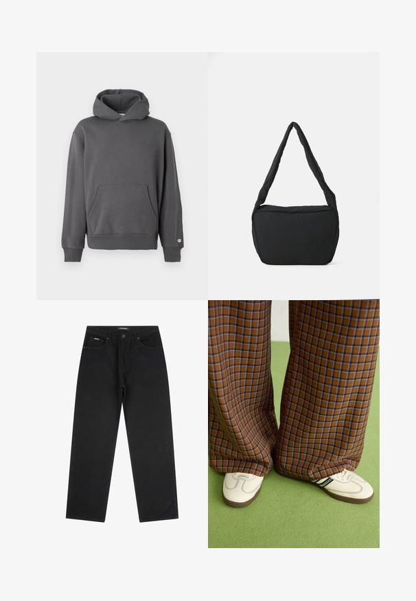 Hanorac gri cu glugă, cu buzunar frontal tip kangaroo, manșete cu nervuri și glugă cu șnur. Dispune de detalii subtile cu logo pe piept.; Jeans negri cu picioare drepte, cu nasture și fermoar frontal, bucle pentru curea și design cu cinci buzunare, așezați pe un fundal alb.; Pantaloni largi cu carouri maro și albastru, asociați cu pantofi albi cu accente negre și tălpi texturate, împotriva unui fundal verde.; Geantă de umăr neagră cu o textură căptușită, formă rotundă și un bretele lată, având un logo embosat pe față.