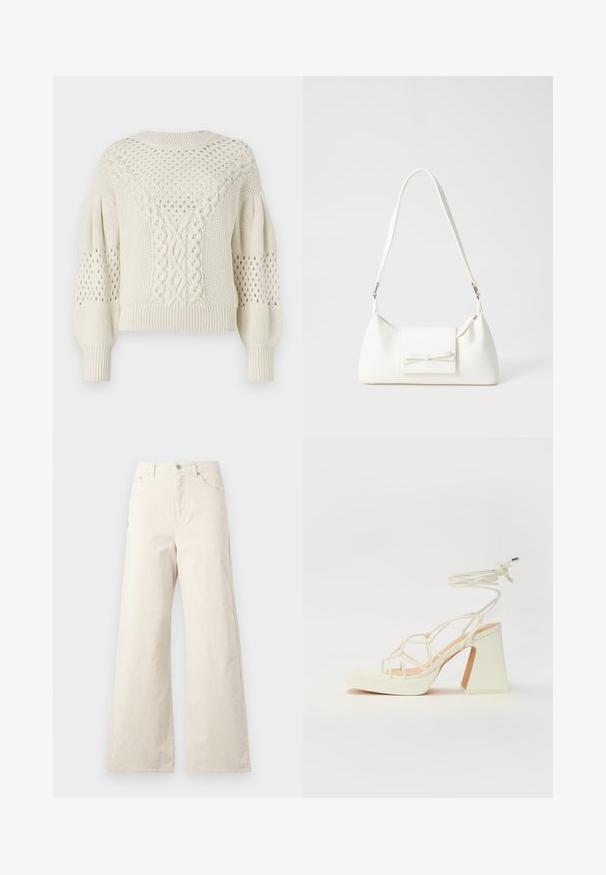 Kreemikas värviga lühike kampsun, millel on kabeli narmaste detail, avatud töötluse aktsendid ja soonikust mansetid. Õlgadel on tekstureeritud muster.; Bežid laiad püksid, valmistatud puuvillast, esise nööbiga kinnitusega, küljetaskute ja sileda tekstuuriga. Minimalistlik disain, ilma mustriteta.; Valged kõrge kontsaga sandaalid, millel on paks konts ja rihmadega disain koos pahkluu sidumisega. Sile tekstuur ja platvorm ees, et lisada kõrgust.; Valge sünteetilisest materjalist kott kolmnurkse kujuga, lame esiklapiga ja kaaredetailiga, reguleeritava rihmaga, sileda tekstuuriga ja minimalistliku disainiga.