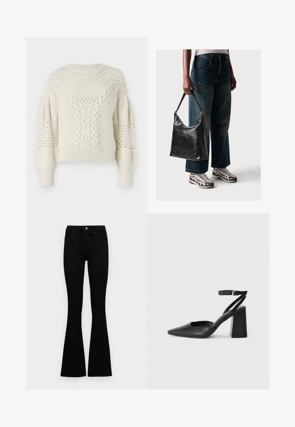 Cremfarbener, verkürzter Pullover mit Zopfmuster, offenen Akzenten und gerippten Bündchen. Hat ein strukturiertes Muster auf den Schultern.; Schwarze hochtaillierte Jeans mit einem Knopf- und Reißverschluss, Fronttaschen und ausgestellten Beinen, flach auf einem weißen Hintergrund ausgelegt.; Schwarze Leder-Pumps mit spitzer Zehe, einem Knöchelriemen und einem blockigen Absatz. Flache Textur, elegantes Design und minimalistische Ästhetik.; Schwarze Leder-Schultertasche mit glatter Textur und verstellbarem Riemen, kombiniert mit ausgewaschenen weit geschnittenen Jeans und sportlichen Sneakern.