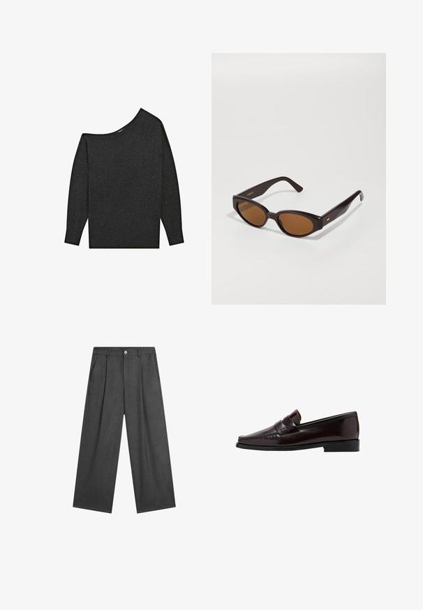 Maglione grigio scuro, off-the-shoulder, realizzato in un materiale morbido. Presenta maniche lunghe e una vestibilità comoda con un ampio scollo.; Pantaloni larghi grigio scuro con sottili righe verticali, pieghe frontali e chiusura con un unico bottone in vita.; Mocassino in pelle marrone con punta in stile mocassino, cuciture elevate lungo l'assottigliamento e suola nera in gomma bassa. Finitura liscia e lucida.; Occhiali da sole a forma di occhio di gatto finti con montatura in plastica marrone scuro e lenti marroni. Presentano dettagli in oro sul braccio e una texture liscia e lucida.; Borsa a spalla in pelle nera con forma curva, texture liscia e una lunga tracolla regolabile. Presenta un sottile dettaglio a nodo e un design minimalista.