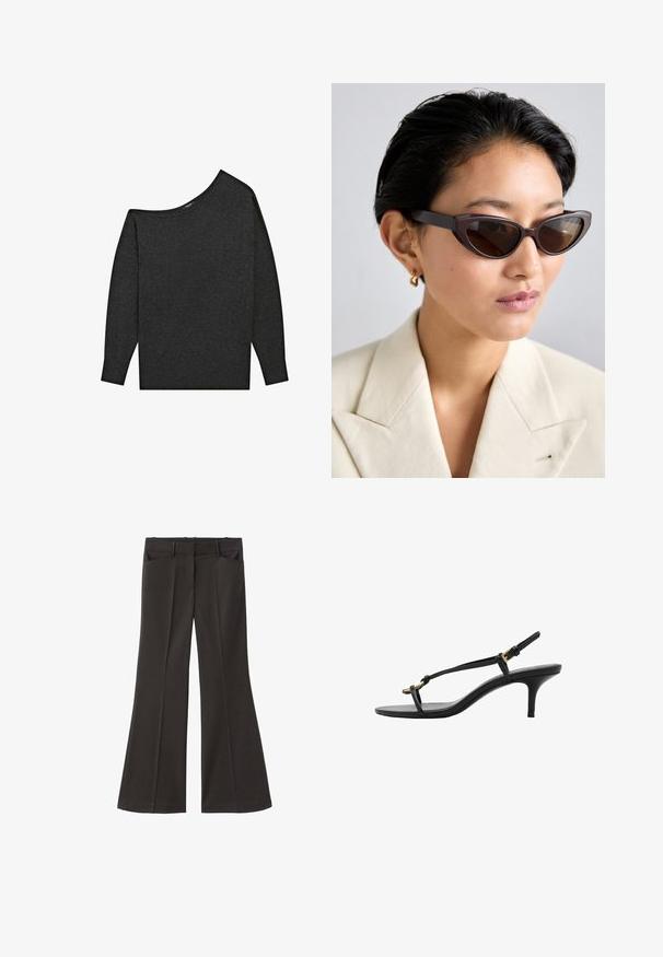 Ciemnoszary sweter bez ramion wykonany z miękkiego materiału. Ma długie rękawy i luźny krój z szerokim dekoltem.; Czarne spodnie z szerokimi nogawkami i wysokim stanem; posiadają dwie przednie kieszenie oraz gładką teksturę materiału. Idealne na różne okazje.; Czarne skórzane sandały na koturnie z cienkimi paskami, złotą klamrą i minimalistycznym pętelką na palce na białym tle.; Brązowe okulary przeciwsłoneczne w kształcie kociego oka z ciemnymi soczewkami, z grubymi oprawkami i gładką teksturą, zestawione z beżową marynarką i złotymi kolczykami w kształcie kółka.; Wpleciony brązowy torebka o prostokątnym kształcie, z wyraźnym uchwytem i teksturowaną powierzchnią. Posiada zamknięty górny zamek oraz skomplikowany wzór plecionki.