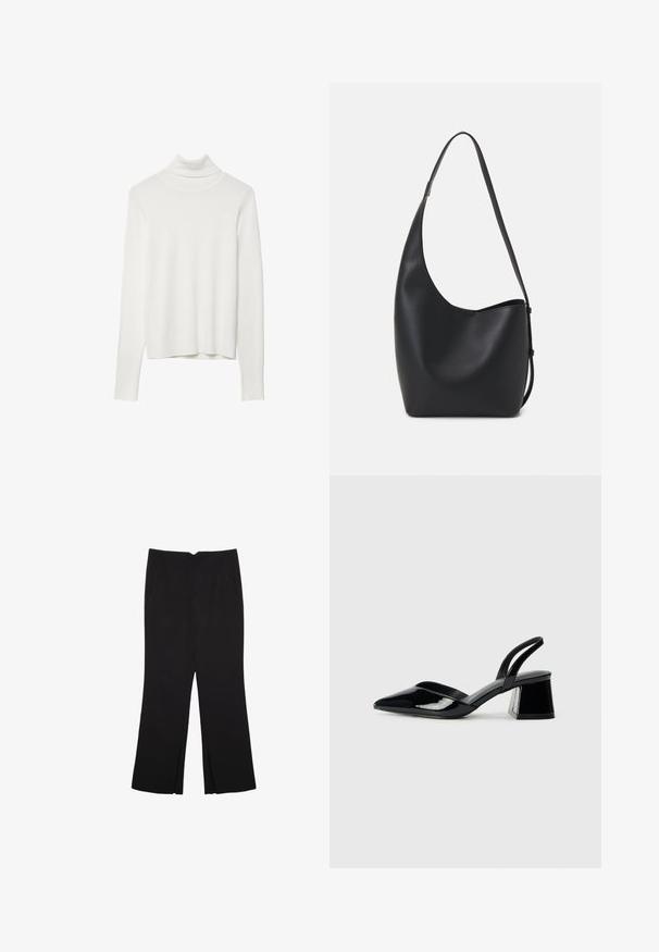 Weißer Rollkragenpullover mit langen Ärmeln, strukturierter Rippoptik, tailliertem Design und geradem Saum, aus weichem Strickmaterial gefertigt.; Schwarze Hose mit geradem Schnitt, ausgestattet mit Fronttaschen und Seitenschlitzen am Saum. Hergestellt aus weichem, glattem Stoff. Geeignet für verschiedene Anlässe.; Schwarze Lackleder-Slingback-High Heels mit spitzem Schuh und einem geometrischen Blockabsatz. Verfügt über ein schlankes, minimalistisches Design und eine glatte Textur.; Schwarze Leder-Hobo-Tasche mit einer glatten Textur, geschwungener Form und einem einzelnen verstellbaren Tragegurt; verfügt über eine weite Öffnung am oberen Ende.