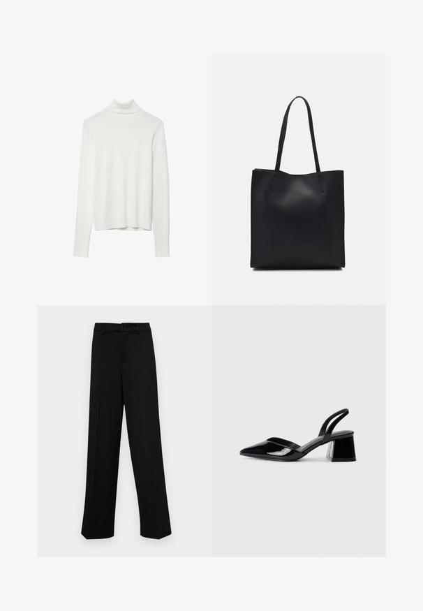 Weißer Rollkragenpullover mit langen Ärmeln, strukturierter Rippoptik, tailliertem Design und geradem Saum, aus weichem Strickmaterial gefertigt.; Schwarze, weit geschnittene Hosen aus glattem Stoff, mit einem klassischen Taillenbund und einem Knopfverschluss sowie vorderen Falten.; Schwarze Lackleder-Slingback-High Heels mit spitzem Schuh und einem geometrischen Blockabsatz. Verfügt über ein schlankes, minimalistisches Design und eine glatte Textur.; Schwarze Laptoptasche aus Leder mit glatter Textur, rechteckiger Form und zwei langen Griffen. Keine sichtbaren Beschläge oder Verzierungen.