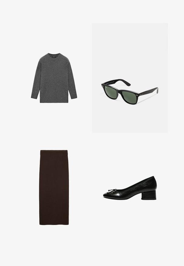 Langarm-Pullover mit Rundhalsausschnitt aus einfarbigem dunkelgrauem Strickstoff, mit geradem Saum und lockerer Passform.; Brauer Strick-Midi-Rock mit enganliegendem Schnitt, glatter Textur, ohne sichtbare Muster und einem schlichten, klaren Design ohne Verzierungen.; Schwarze Lacklederpumpe mit runder Zehenform, kleinem Blockabsatz und Schleifenakzent an der Vorderseite. Glatte Textur mit glänzendem Finish.; Schwarze Plastiksonnenbrille mit grünen Gläsern, quadratischen Rahmen, silbernem Akzent auf der Augenbraue und strukturierten Bügeln. Angegebene Marke auf dem inneren Bügel.; Marineblaue Lederhandtasche mit zwei langen Griffen, einer Schnallen-Detailierung und einem daran befestigten Schlüsselanhänger. Besitzt eine glatte Textur und eine rechteckige Form.