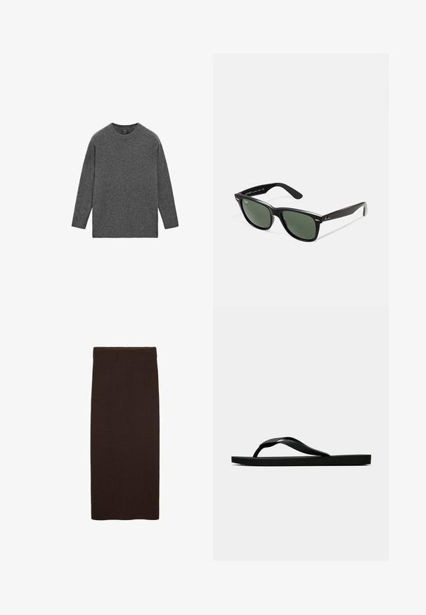 Sweter z długim rękawem, okrągłym dekoltem, w jednolitym ciemnoszarym dżerseju, z prostym wykończeniem i luźnym krojem.; Biała koszulka z długim rękawem i okrągłym dekoltem z metką "WEEKDAY" wewnątrz kołnierza, ułożona na jasnoszarym tle.; Brąskowa midi spódnica dzianinowa o dopasowanym kroju, gładkiej fakturze, bez widocznych wzorów, o prostym, czystym designie, bez ozdób.; Czarne gumowe klapki z teksturowanym paskiem i prostą płaską podeszwą, przedstawione z boku na jasnym jednolitym tle.; Czarne plastikowe okulary przeciwsłoneczne z zielonymi szkłami, kwadratowe oprawki, srebrny akcent na brwi oraz fakturowane ramiona temple. Nazwa marki podana na wewnętrznej stronie ramion.