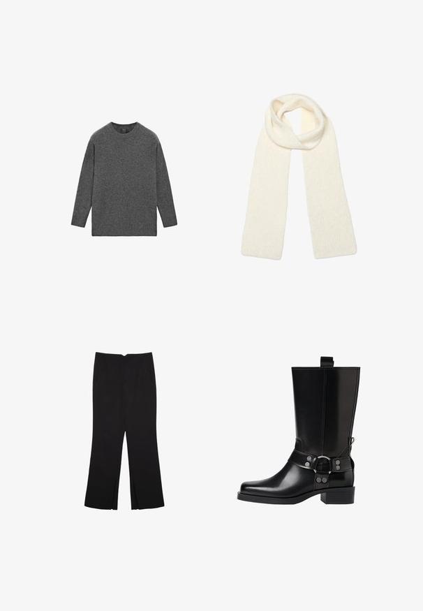 Langarm-Pullover mit Rundhalsausschnitt aus einfarbigem dunkelgrauem Strickstoff, mit geradem Saum und lockerer Passform.; Schwarze Hose mit geradem Schnitt, ausgestattet mit Fronttaschen und Seitenschlitzen am Saum. Hergestellt aus weichem, glattem Stoff. Geeignet für verschiedene Anlässe.; Schwarze Lederstiefel bis zum Knie mit spitzer Zehenform, silbernen Schnallenakzenten und einem klobigen Absatz. Verfügt über eine Zuglasche für einfaches Anziehen.; Weiche, gestrickte cremeweiße Schal, locker oben gefaltet, mit beiden Enden, die gerade nach unten hängen.