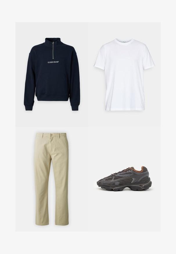 Navy blauwe fleece pullover met een halve rits en hoge kraag, voorzien van een voorste kangaroo zak en het "GUESS JEANS" logo in witte borduursel.; Witte katoenen t-shirt met korte mouwen, ronde ronde hals en een relaxed fit. Heeft een minimalistisch ontwerp, zonder patronen of accenten.; Beige katoenen broek met een recht ontwerp, knoopsluiting aan de voorkant en riemlussen. Gladde textuur, geen zichtbare patronen of accenten.; Lacoste sneakers in donkergrijs van mesh en synthetisch materiaal, met een gestructureerde zool en bruine accenten op de kraag en branding.