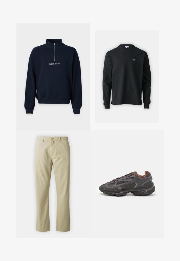 Pulôver de fleece azul marinho com meia abertura e gola alta, apresentando um bolso canguru frontal e o logótipo "GUESS JEANS" em bordado branco.; Camisola preta de manga longa feita de algodão, com decote redondo e um pequeno logótipo de crocodilo bordado em verde no lado esquerdo do peito.; Calças de algodão bejes com um design de perna reta, fecho frontal com botão e passantes para cinto. Textura suave, sem padrões ou detalhes visíveis.; Ténis Lacoste em cinza-escuro com material em malha e sintético, apresentando uma sola texturizada e detalhes castanhos na gola e na marca.