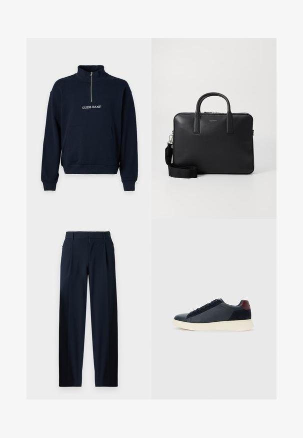 Kék flanel pulóver félcipzárral és magas gallérral, elülső kenguruzsebbel és fehér hímzésű "GUESS JEANS" logóval.; Sötétkék nadrág sima textúrával, széles lábakkal, elülső redőkkel, övlyukkal és cipzáros záródással. Formális és alkalmi viseletre is megfelelő.; Fekete bőr és velúr alacsony szárú férfi sneaker, bordó sarokpanellel és fehér gumi talppal, oldalnézetből.; Fekete bőr aktatáska strukturált felülettel, kettős fogantyúval, levehető vállpánttal és elülső logóval. Cipzáras záródás.