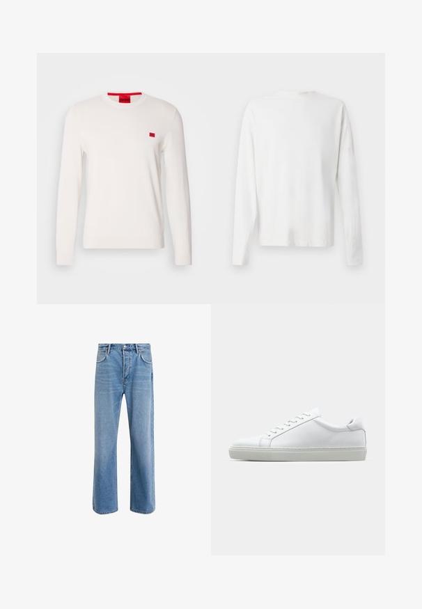 Biała bluza crewneck z długim rękawem, wykonana z miękkiego materiału. Posiada małą czerwoną naszywkę z logo na piersi oraz kontrastową czerwoną metkę na dekolcie.; Biała, bawełniana koszula z długim rękawem, okrągłym dekoltem, bocznymi rozcięciami na dole oraz gładką fakturą, wyeksponowana z tyłu.; Jasnoniebieskie dżinsy o prostym kroju, pięć kieszeni, zapięcie na guzik, minimalne blaknięcia i kontrastowe wykończenia szwów.; Białe sneakersy z gładką skórzaną cholewką i niskim profilem. Posiadają okrągły nos, sześć dziurek na sznurówki oraz teksturowaną gumową podeszwę.