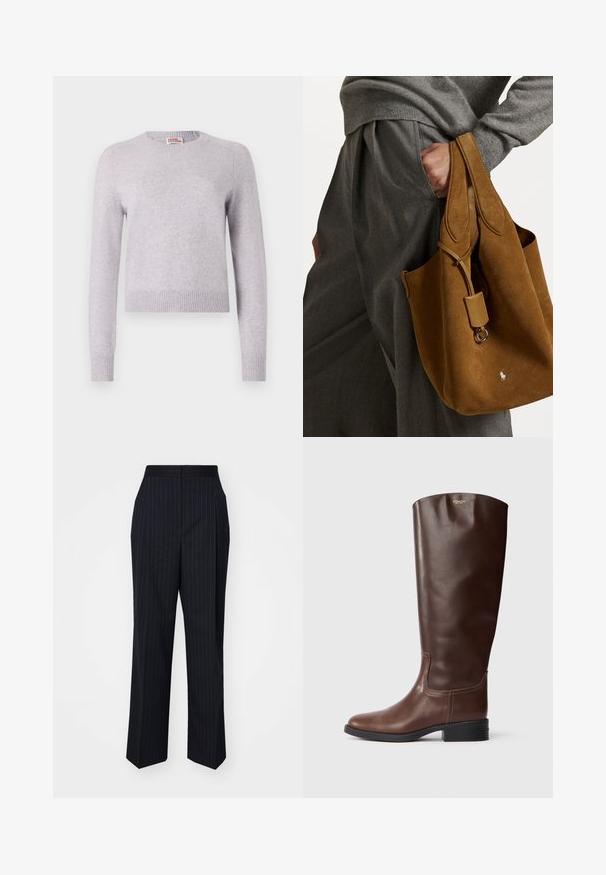 Ανοιχτό γκρι πουλόβερ με μακριά μανίκια, ραμμένα μανίκια και στρίφωμα, στρογγυλή λαιμόκοψη, μαλακή υφή και χωρίς εμφανή σχέδια ή λεπτομέρειες.; Ναυτικό μπλε παντελόνι με κάθετες λευκές ρίγες, ίσια γραμμή, μεσαία μέση και λεία υφή υφάσματος.; Καφέ δερμάτινη μπότες ως το γόνατο με λείο φινίρισμα, στρογγυλή μύτη και χαμηλό τακούνι. Διαθέτει διακριτική ραφή και λογότυπο στην κορυφή.; Καφέ σουέτ τσάντα tote με στρογγυλό σχήμα, διπλές λαβές και μεταλλική λεπτομέρεια. Διαθέτει μικρό λογότυπο στην μπροστινή πλευρά.