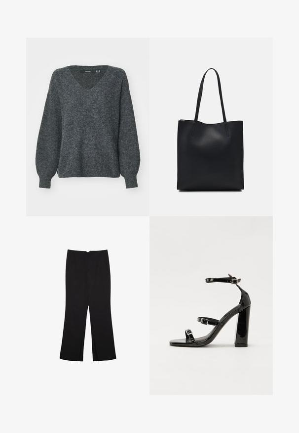 Szary dzianinowy sweter z dekoltem w serek, luźnym krojem i długimi bufkowymi rękawami. Posiada subtelną fakturę i prążkowane mankiety na nadgarstkach.; Czarne spodnie o prostym kroju, z przednimi kieszeniami i bocznymi rozcięciami na dole. Wykonane z miękkiego, gładkiego materiału. Odpowiednie na różne okazje.; Czarne lakierowane sandały na obcasie z kwadratowym noskiem, z paskami wokół kostki i srebrnymi klamrami. Posiadają masywny słupek dla stabilności.; Czarna skórzana torba tote o gładkiej fakturze, prostokątnym kształcie i dwóch długich uchwytach. Brak widocznych elementów metalowych i ozdób.