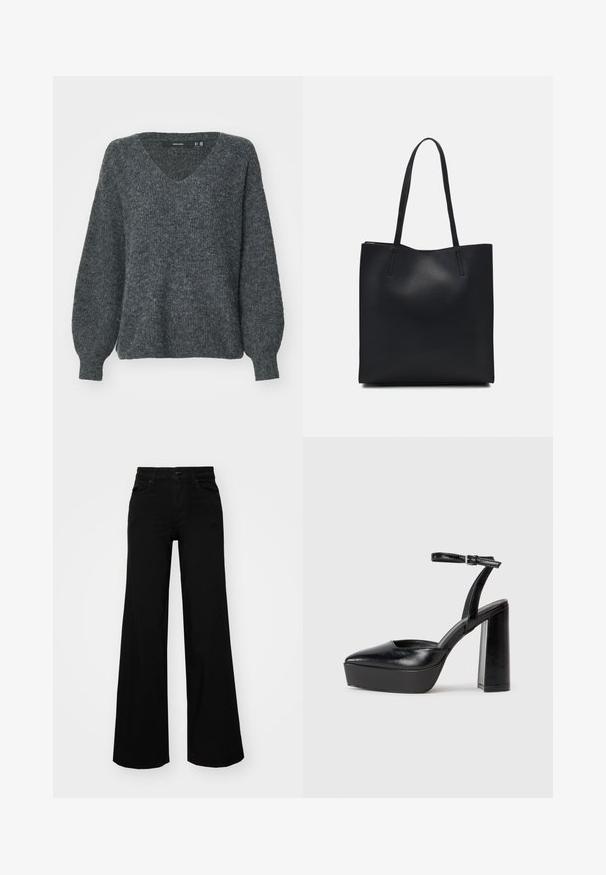 Sivkasta pletenega puloverja z V-izrezom, ohlapnim krojem in dolgimi balonastimi rokavi. Ima subtilno teksturo in rebraste manšete na zapestjih.; Črne široke denim hlače s strukturiranim pasom, z zankami za pas in sprednjimi žepi. Gladka tekstura s klasičnim dizajnom.; Črne platforme z visokimi petami in koničastim nosom ter nastavljivim gležnjenjskim trakom. Narejene iz gladke usnje, s kockasto peto.; Črna usnjena torba s svilnato teksturo, pravokotne oblike in dvema dolgima ročajema. Brez vidnih metalnih delov ali okrasnih elementov.