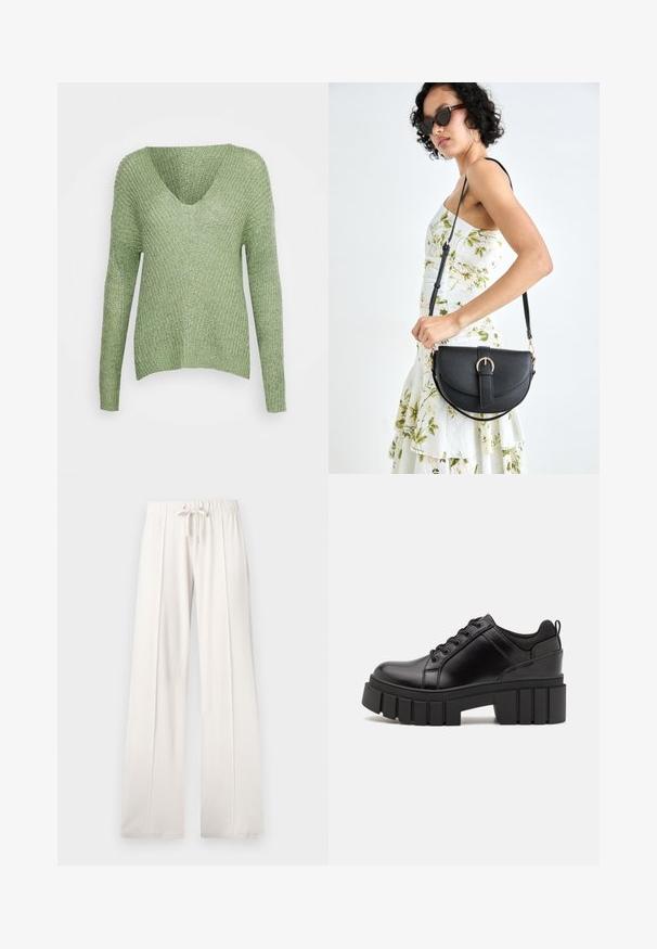 JDY JDYNEW MEGAN NOOS - Camisola - basil; Calças de fato de treino beija claro, feitas de um tecido suave, com cintura elástica ajustável, pernas largas e costuras verticais, apresentando uma textura lisa.; Sapatos de plataforma em couro preto com um salto bloco robusto, bico redondo e design clássico de atacadores. Apresentam uma textura suave e detalhes mínimos.; Bolsa de couro preta com forma curva, alça destacável e detalhes em dourado. A bolsa possui uma aba com detalhe de fivela.