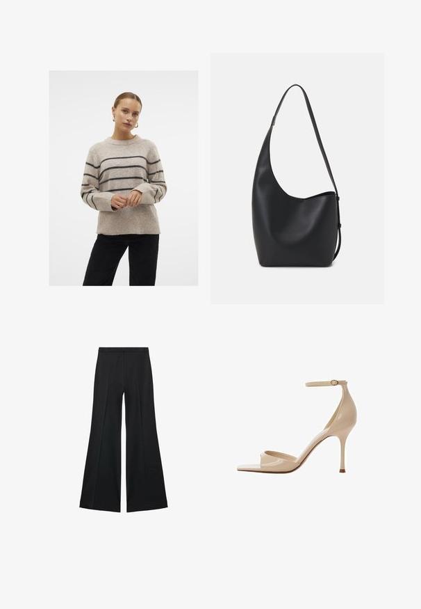 Vero Moda VMFLAWLESS O-NECK NOOS - Trui - silver mink; Zwarte wijde-pijpen broek met een gladde textuur, gekenmerkt door voorplooien en een op maat gemaakte uitstraling. De stof is lichtgewicht en vloeiend.; Mango Sandalen - mottled beige; Zwarte leren hobo tas met een gladde textuur, kromme vorm en een enkele verstelbare schouderband; heeft een brede opening aan de bovenkant.