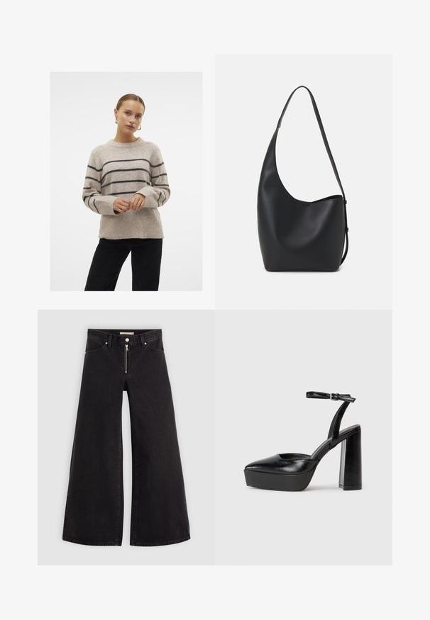Vero Moda VMFLAWLESS O-NECK NOOS - Džemperis - silver mink; Platas kājas džinsi melnā džinsa audumā ar rāvējslēdzēju priekšā, piecu kabatu dizains un smalkas šuvju detaļas. Gluda tekstūra un ikdienišķs stils.; Melnas platformas papēžs ar norādītu purngala formu un regulējamu potītes siksniņu. Izgatavotas no gludas ādas, ar masīvu bloku papēdi.; Melnas ādas hobo soma ar gludu tekstūru, izliekta forma un vienu regulējamu jostu; augšā ir plaša atvere.