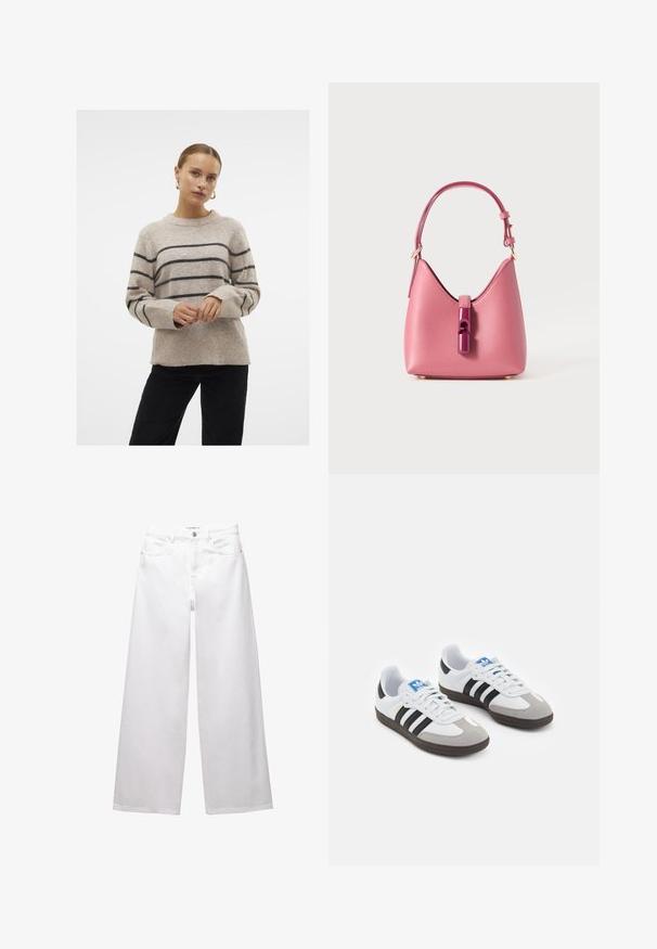 Vero Moda VMFLAWLESS O-NECK NOOS - Stickad tröja - silver mink; Vita vida byxor i jeansmaterial. Har knäppning i midjan, fram- och bakfickor samt stickade sömmar. Slät yta med minimala detaljer.; Sportskor med överdel i vit läder, grå mocka på tårna och tre svarta ränder. Har en blå logotyp på tungan och en texturerad gummisula.; Rosa läderhandväska med en strukturerad form, med en glänsande stängning och ett enda justerbart band. Texturerad yta med detaljer i guld.