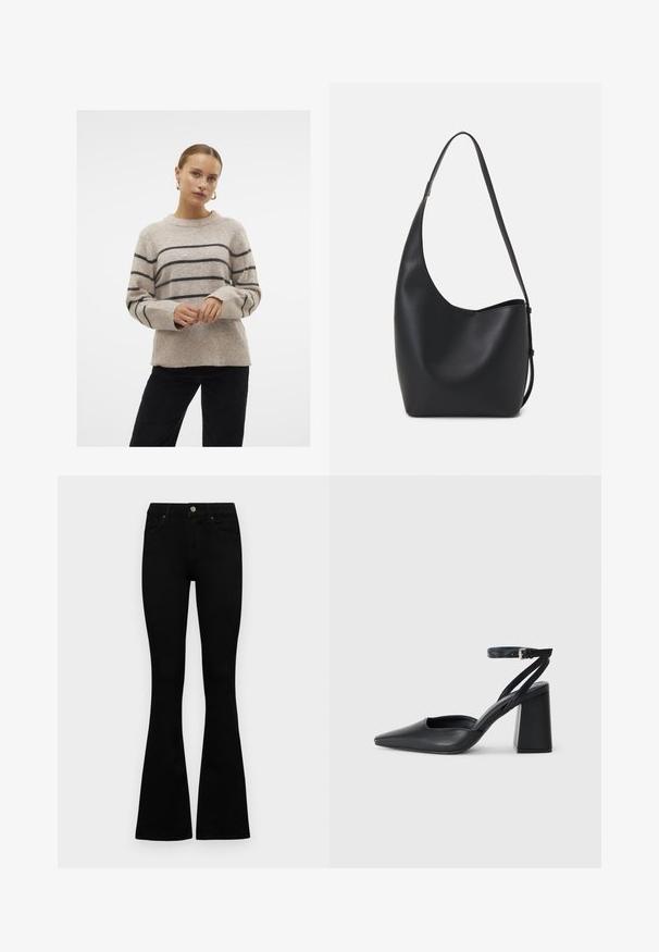 Vero Moda VMFLAWLESS O-NECK NOOS - Πουλόβερ - silver mink; Μαύρα ψηλόμεσσα τζιν παντελόνια με κούμπωμα και φερμουάρ, εμπρός τσέπες και καμπάνα, τοποθετημένα επίπεδα σε λευκό φόντο.; Μαύρο δερμάτινο ψηλοτάκουνο παπούτσι με οξύ μυτερό τόξο, λουράκι στον αστράγαλο και χοντρό τακούνι. Λείος υφασματισμός, κομψός σχεδιασμός και μινιμαλιστική αισθητική.; Μαύρη δερμάτινη tote τσάντα με λείο υφή, καμπύλο σχήμα και μία ρυθμιζόμενη ζώνη. Διαθέτει μεγάλη άνοιγμα στην κορυφή.