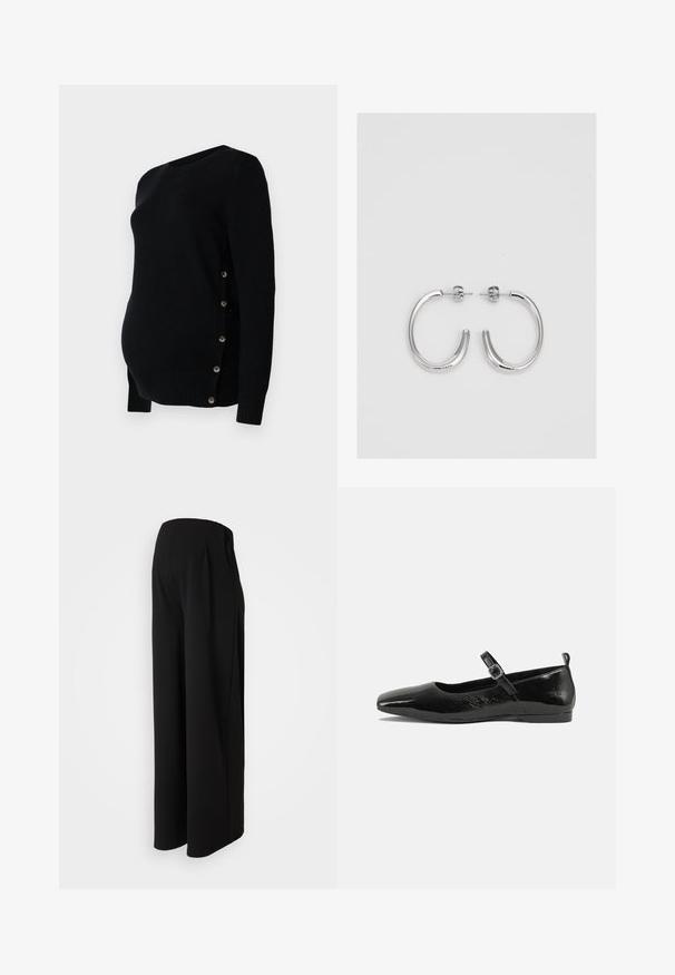 Czarny sweter ciążowy z okrągłym dekoltem, ściągaczami przy mankietach i bocznymi guzikami umożliwiającymi regulację dopasowania. Miękka tekstura dzianiny.; Vero Moda Maternity VMMBECKY WIDE czarny; Czarne lakierowane baleriny z ostro zakończonym noskiem, paskiem na kostkę z klamrą oraz gładką, błyszczącą teksturą. Niski obcas dla wygody.; Srebrne kolczyki na biglu o gładkim, błyszczącym wykończeniu. O zaokrąglonym kształcie, lekkim designie, z zamknięciem na zatrzask.