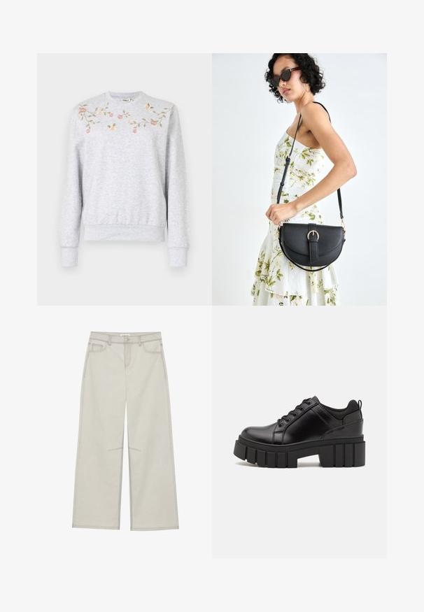 Svetlo šedá mikina s dlhými rukávmi, rebrovanými manžetami a lemom. V oblasti hrudníka je ozdobená kvetinovou výšivkou v ružovej a zelenej farbe.; Svetlošedé nohavice s voľným strihom, s piatimi vreckami, so zapínaním na prednom gombíku a kontrastným prešívaním pozdĺž švov. Tkanina vyzerá mäkko a odolne.; Čierne kožené platformy s masívnym blokovým podpätkom, okrúhlou špičkou a tradičným šnurovaním. Má hladký povrch a minimálne detaily.; Čierna kožená kabelka s zaobleným tvarom, odnímateľným popruhom a zlatými doplnkami. Kabelka má klopu s detailom s prackou.