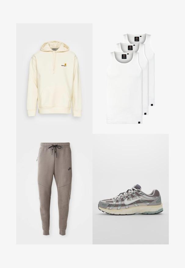 Mikina s kapucí v off-white bavlněné směsi. Obsahuje přední kapsu, kapuci se šňůrkou a vyšitý logo v hnědé a žluté barvě na hrudi.; Tři bílé žebrované tílka vyrobené z bavlny. Mají kulatý výstřih a malé černé štítky poblíž lemu. Dostupné v několika velikostech.; Šedé Nike tepláky s elastickým pasem na šňůrku, zúženými nohavicemi, bočními kapsami a charakteristickým švem. Měkká, strukturovaná tkanina.; Šedá sportovní obuv s vrchní částí z mikrovlákna a semiše, bílými akcenty, polstrovanou podrážkou a jedinečným designem s reflexními prvky.