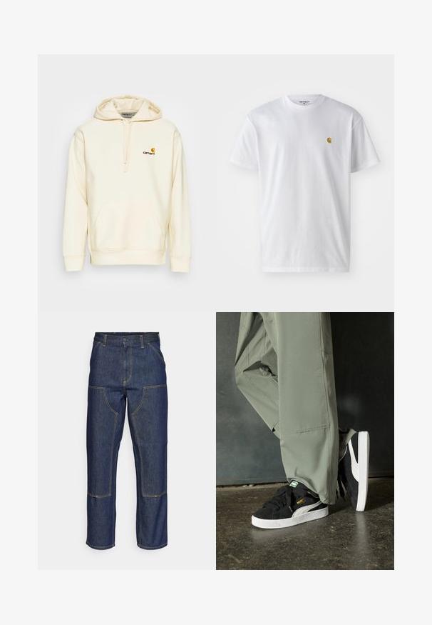 Pullover hoodie in off-white cotton blend. Features a front pocket, drawstring hood, and embroidered logo in brown and yellow on the chest.; White cotton t-shirt with short sleeves, crew neck, featuring a small gold logo on the left chest area. Soft texture and regular fit.; Dark blue denim jeans with a high waist, straight leg design, contrasting stitching, and patch pockets on the front.; Black suede sneakers with white rubber soles and side stripes, paired with light green cargo pants, standing on a textured dark surface.