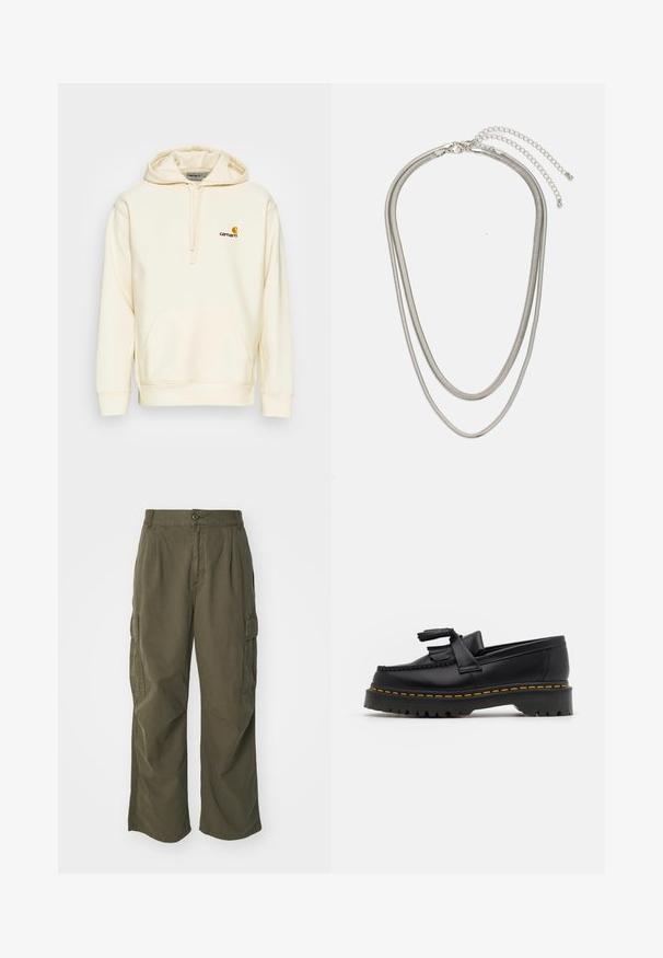 Krémszínű pamut keverék pulóver kapucnival. Elöl zsebes, húzózsinórral ellátott kapucnival, és barna-sárga hímezett logóval a mellkason.; Olívazöld cargo nadrág, pamutból készült, széles lábú kialakítással, plisszírozással és oldalsó zsebekkel a funkcionalitás érdekében.; Fekete bőr mokaszin, rojtos díszítéssel, masszív fekete talppal és sárga varrással az élén. Texturált felület.; Háromrétegű ezüstszínű fém nyaklánc, letisztult, rugalmas láncokkal, enyhe fényességgel, homárkapoccsal rögzítve és állítható lánccal.